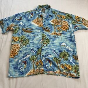 Vintage Pineapple Connection Hawaiian Shirt Mens Large Rayon Surfing Floral Blue